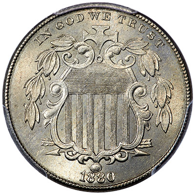 1880 Shield Nickel, MS65