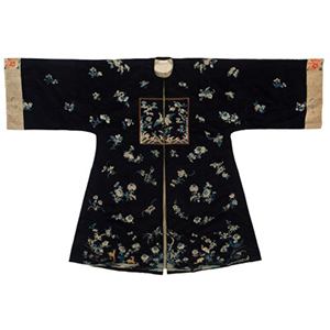 A Chinese Blue-Ground Embroidered Silk Ladies' Robe