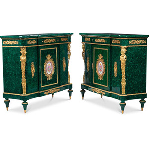 A Pair of Louis XV-Style Gilt Bronze-Mounted Malachite Veneered Cabinets with Porcelain Plaques