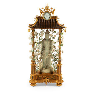 A Monumental French Chinoiserie Gilt Bronze and Qingbai-Glazed Porcelain Clock