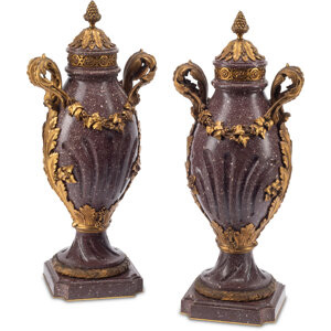 A Pair of French Gilt Bronze-Mounted Porphyry Urns