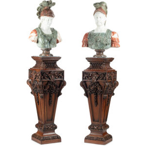 A Pair of Italian Specimen Marble Figural Busts on Carved Wood Bases: Minerva and Mars