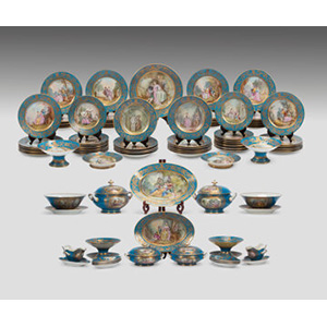 An Extensive Ninety-Six-Piece Sèvres Gilt and Bleu Celeste Porcelain Dinner Service