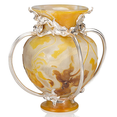 A Russian Silver-Mounted Galle Marquetry Glass Vase Orchidees