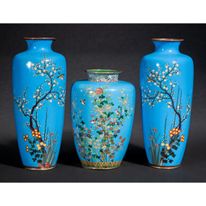 Three Japanese Blue-Ground Cloisonné Enamel Floral Vases, Meiji period 9-1/2 x 3-3/4 x 3-3/4 inches