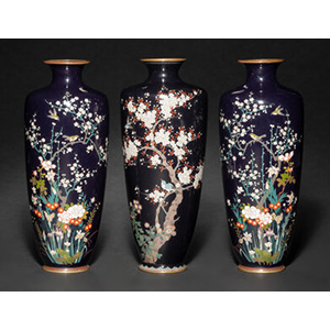 Three Japanese Cloisonné Enamel Vases, Meiji period 9-7/8 x 4 x 4 inches (25.1 x 10.2 x 10.2 cm) (tallest)
