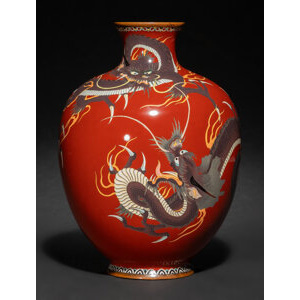 A Japanese Red-Ground Cloisonné Enamel 'Dragon' Vase, Meiji period 9-5/8 x 6-1/2 x 6-1/2 inches (24.4 x 16.5 x 16.5 cm)