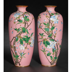 Two Japanese Cloisonné Enamel Pink Floral Vases, Meiji period Marks: (maker's mark)