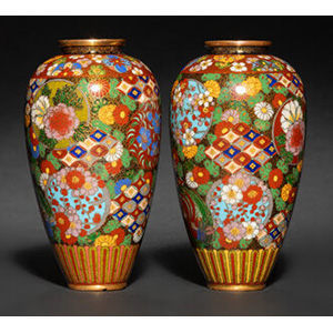 A Pair of Japanese Cloisonné Enamel and Goldstone Vases, Meiji period Marks: Kyoto Higashiyama zo