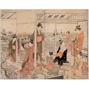 Chobunsai Eishi (Japanese, 1756-1829) Women and a Veranda (two parts of a triptych), circa 1790