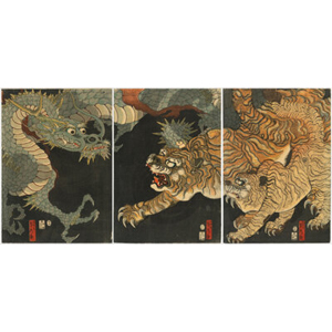 Utagawa Sadahide (Japanese, 1807-1873) Dragon and Tiger (Ryu to Tora) (triptych), circa 1870