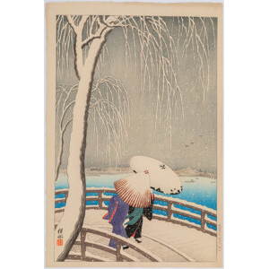 Ohara Koson (Japanese, 1877-1945) Snow on Willow Bridge, circa 1930