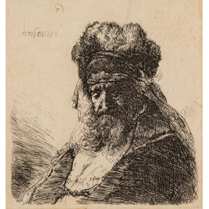 Rembrandt van Rijn (Dutch, 1606-1669) Old bearded man in a high fur cap, with eyes closed, circa 1635