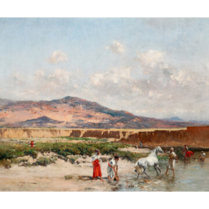 Victor Pierre Huguet (French, 1835-1902) At the oasis, Algeria