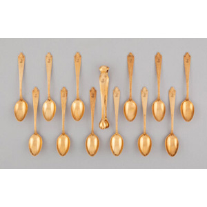 A Thirteen-Piece Tiffany & Co. 18K Gold Demitasse and Sugar Tong Set in Original Fitted Box, New York, 1907-1947 Marks: T... (Total: 13 )