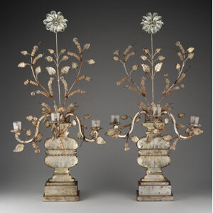 A Pair of Maison Bagues-Style Glass and Silvered Metal Three-Light Wall Sconces, circa 1920 Marks: MADE IN FRANCE