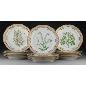 Fourteen Royal Copenhagen Flora Danica Pattern Partial Gilt Porcelain Reticulated Platters, 1951/1952 Marks: ... (Total: 24 Items)