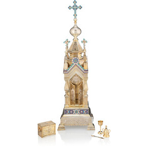 A Rare Russian Cloisonné Enameled Gilt Silver Liturgical Tabernacle with Pyx Dmitry Shelaputin, Moscow, 1908-1917, circa ... (Total: 2 Items)