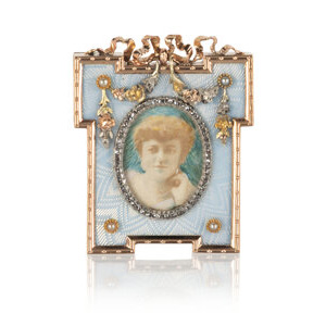 A Fabergé Rose Cut Diamond and Pearl-Set Three-Color Gold and Pale Blue Translucent Guilloché Enamel Miniature Frame Fabe