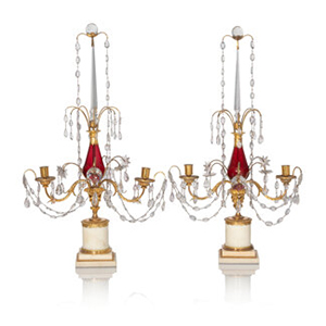 A Pair of Russian Neoclassical Ormolu-Mounted Ruby and Cut Colorless Glass Girandoles St. Petersburg, Period of Empress C... (Total: 2 Items)