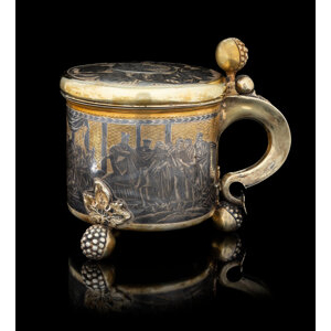 A Rare and Large Gilt Silver Russian Niello Hinged Tankard The Tankard Swedish with conjoined HP mark of Henning Petri, N