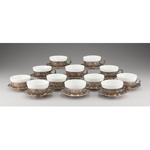 Twelve German Reticulated Silver Punch Cups with Ceramic Liners Marks: GERMANY, 800, (maker's mark)