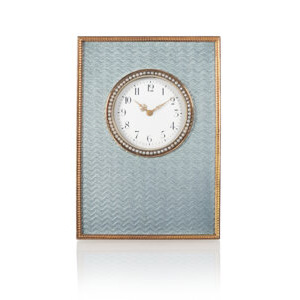 A Fabergé Translucent Grey-Mauve Guilloché Enameled Pearl-Set Gold and Gilt Silver-Mounted Desk Clock   Fabergé, Workmast