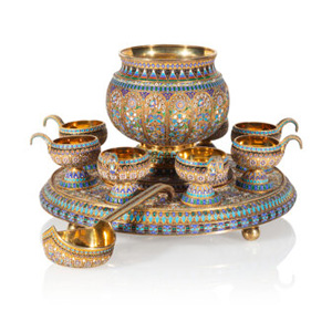 Emperor Alexander III: A Russian Imperial Presentation Cloisonné Enamel Gilt Silver Punch Service Ovchinnikov with Imperi... (Total: 10 Items)