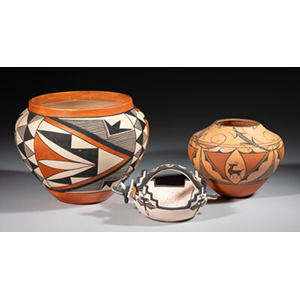 Three Southwest Polychrome Pottery Vessels Marks to largest: MAE SHIELDS, ACOMA, N.M., '77'