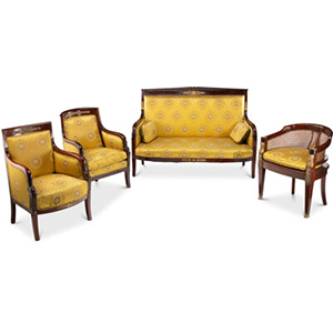 A French Empire Gilt Bronze-Mounted Mahogany Upholstered Salon Suite, early 19th century 39 x 53-5/8 x 25 inches (99.1 x 136.2 x 63.5 cm) (largest, sofa)