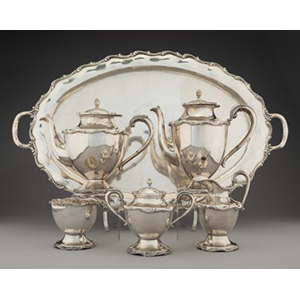 A Six-Piece Taxco Silver Tea and Coffee Service with Tray, 20th century Marks: CALIFORNIA, TAXCO PLATERIA, ESTERLING, MADE IN MEXICO, MV, PLATA, 925, (eagle)