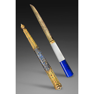 A Fine and Very Rare Chinese Imperial Hunting Knife with Enameled Gold and Silver Sheath