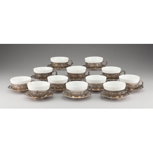 Twelve German Reticulated Silver Punch Cups with Ceramic Liners Marks: GERMANY, 800, (maker's mark)