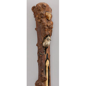 A Quartz, Mother-of-Pearl, and Carved Wood Cane, circa 1900 39 x 3-3/8 x 3-3/8 inches (99.1 x 8.6 x 8.6 cm)