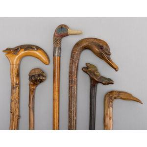 Six Painted and Carved Wood Animal-Form Canes, circa 1900 39 x 3-1/2 x 1-3/8 inches (99.1 x 8.9 x 3.5 cm) (tallest, frog-ha... (Total: 6 Items)