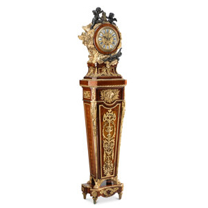 A Belle Époque Louis XVI Revival Patinated and Gilt Bronze-Mounted Régulateur de Parquet after the model by Jean Henri Riesener, circa 1890 87 x 19-1/2 x 12 inches (221.0 x 49.5 x 30.5 cm)