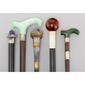 Five Amber, Amethyst, Hardstone, Silver-Mounted, Carved Wood, and Bamboo Canes, circa 1900 Marks to one: (effaced), (cresce... (Total: 5 Items)