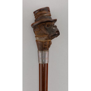 A Silver-Mounted and Carved Wood Automaton Cane: Bull Dog Marks: NH, (undeciphered)