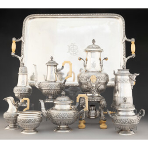 A Nine-Piece George Falkenberg Partial Gilt Silver Tea & Coffee Set Including Tray, Paris, circa 1900 Marks: (Mercury in hexagon), G (falcon) F