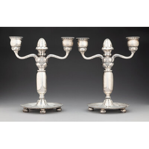 A Pair of Georg Jensen No. 93 Silver Two-Light Candelabra, Copenhagen, Denmark, 1918 Designed by Georg Jensen