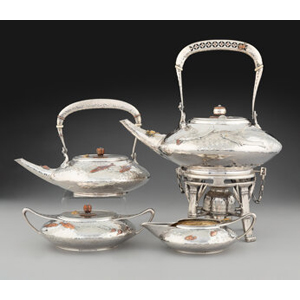 A Rare Four-Piece Tiffany & Co. Silver and Mixed Metal Tea Set, New York, circa 1880 Marks: TIFFANY & CO., 5331M9766, STE... (Total: 4 )
