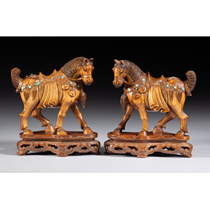 A Pair of Chinese Carved Wood Horses with Turquoise & Coral Inlay, 20th century 4-3/4 x 4-1/4 x 2-1/4 inches (12.1 x 10.8 x 5.7 cm)