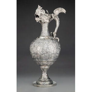 A Hoaching Silver Covered Figural Ewer, Canton, China, circa 1850-1890 Marks: (three-character maker's mark), (one characte