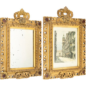 A Pair of Louis XVI Style Gilt Wood and Mounted Agate Frames, One with Mirror Plate and One Housing an Etching by Hans Figura 26 x 17 x 1-1/2 inches (66.0 x 43.2 x 3.8 cm)