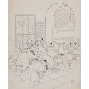 Al Hirschfeld (American, 1903-2003) Swiss Family Perelman, Holiday magazine original cartoon, September 1950