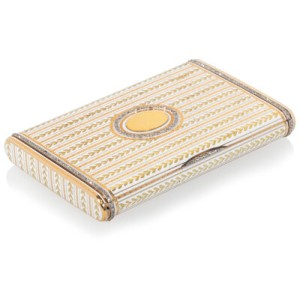 A Fabergé Diamond-Set Opaque White Champlevé Enameled Two-Color Gold Minaudière Fabergé, Workmaster Henrik Wigström, St. 