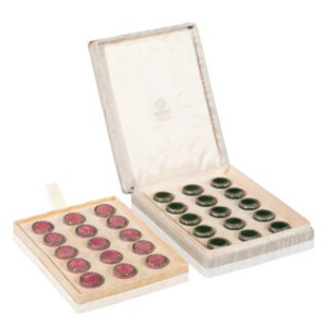 A Rare Fabergé Gold- and Silver-Mounted Nephrite and Rhodonite Backgammon Set Fabergé, apparently unmarked, circa 1890, a