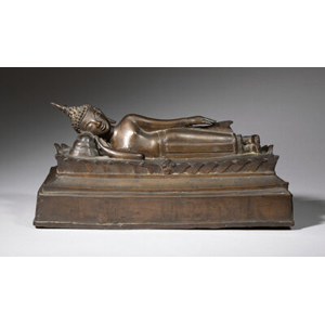 A Thai Bronze Figure of Reclining Buddha, 19th century 6-3/4 x 14-5/8 x 6-3/8 inches (17.1 x 37.1 x 16.2 cm)