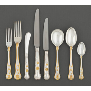 A Ninety-Eight-Piece Garrard & Co. Ltd. Partial Gilt Silver Flatware Service for Twelve, Sheffield, England, 1980 Marks: (lion passant), (Tudor rose), G&Co. LD., F
