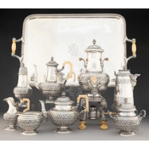 A Nine-Piece George Falkenberg Partial Gilt Silver Tea & Coffee Set Including Tray, Paris, circa 1900 Marks: